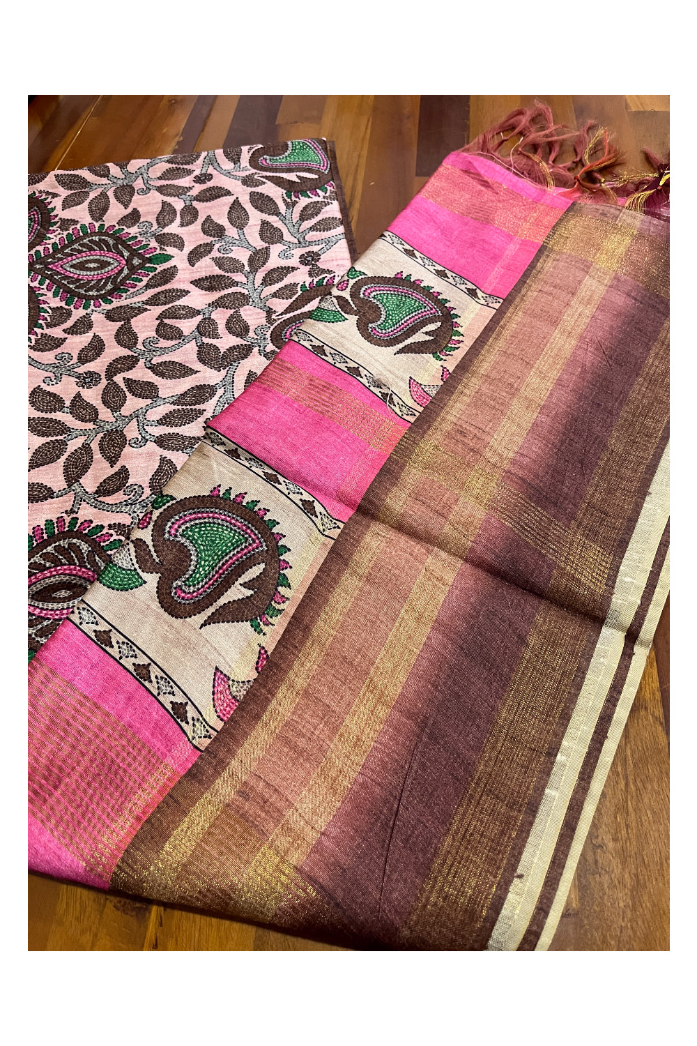 Southloom Semi Tussar Pink and Brown Designer Saree with Floral Woven Works