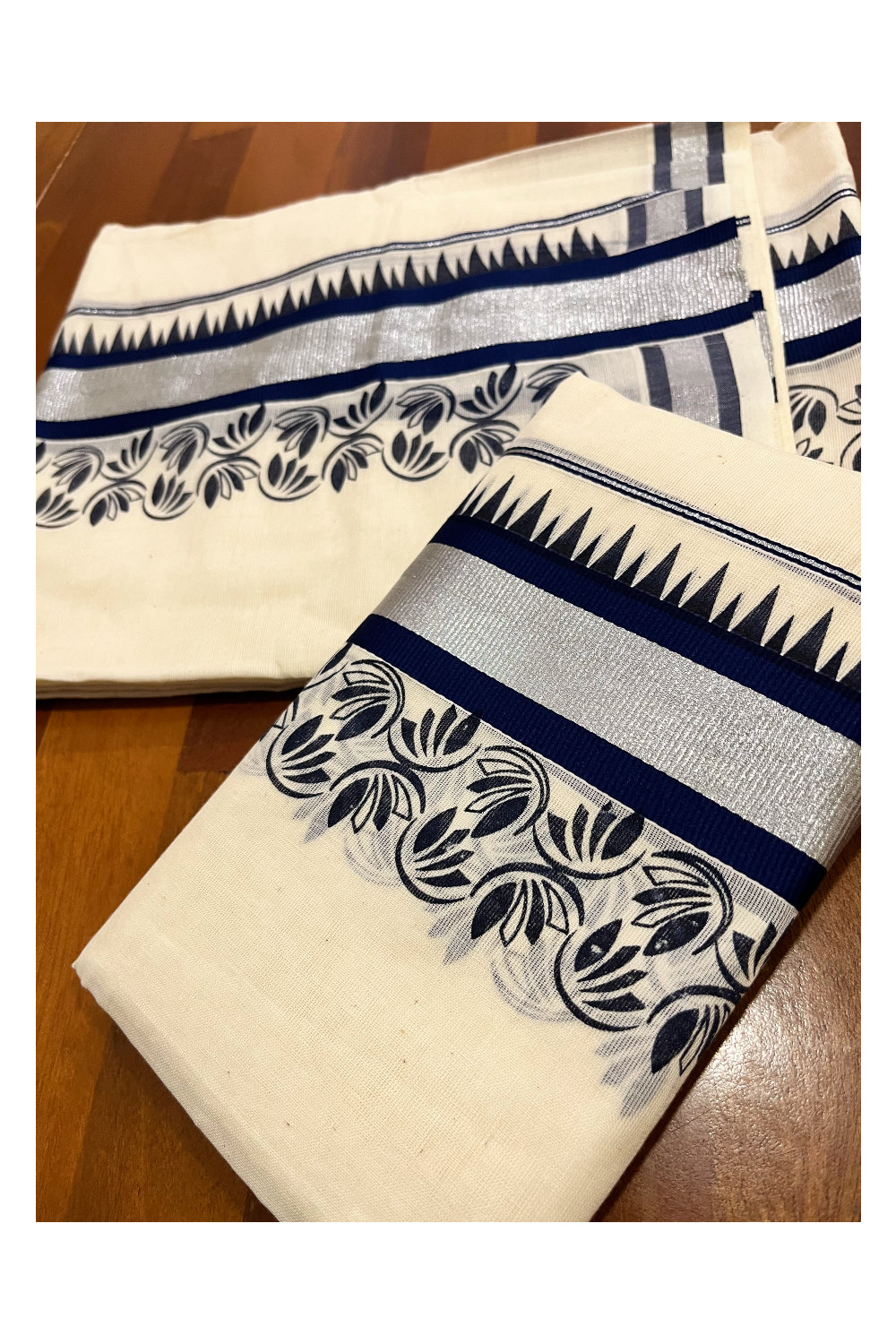 Kerala Pure Cotton Set Mundu Single (Mundum Neriyathum) with Dark Blue Floral Temple Block Prints on Silver Kasavu Border