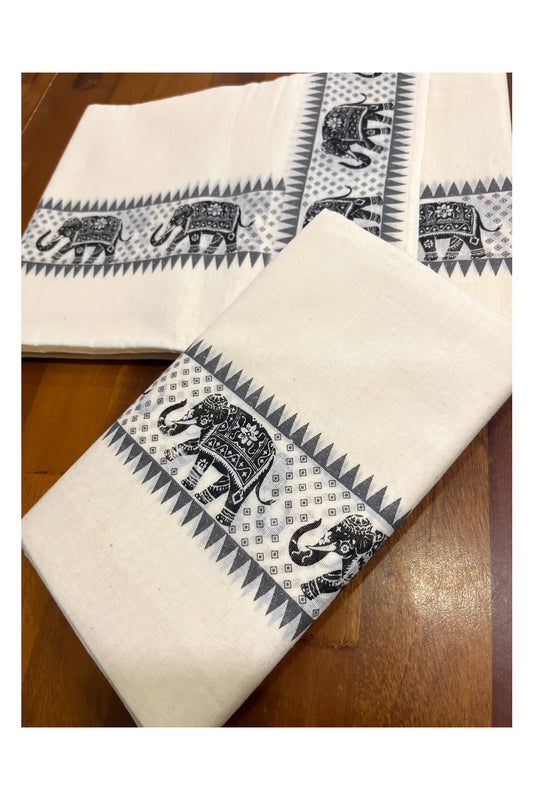 Kerala Pure Cotton Single Set Mundu (Mundum Neriyathum) with Black Elephant Block Prints on Temple Border