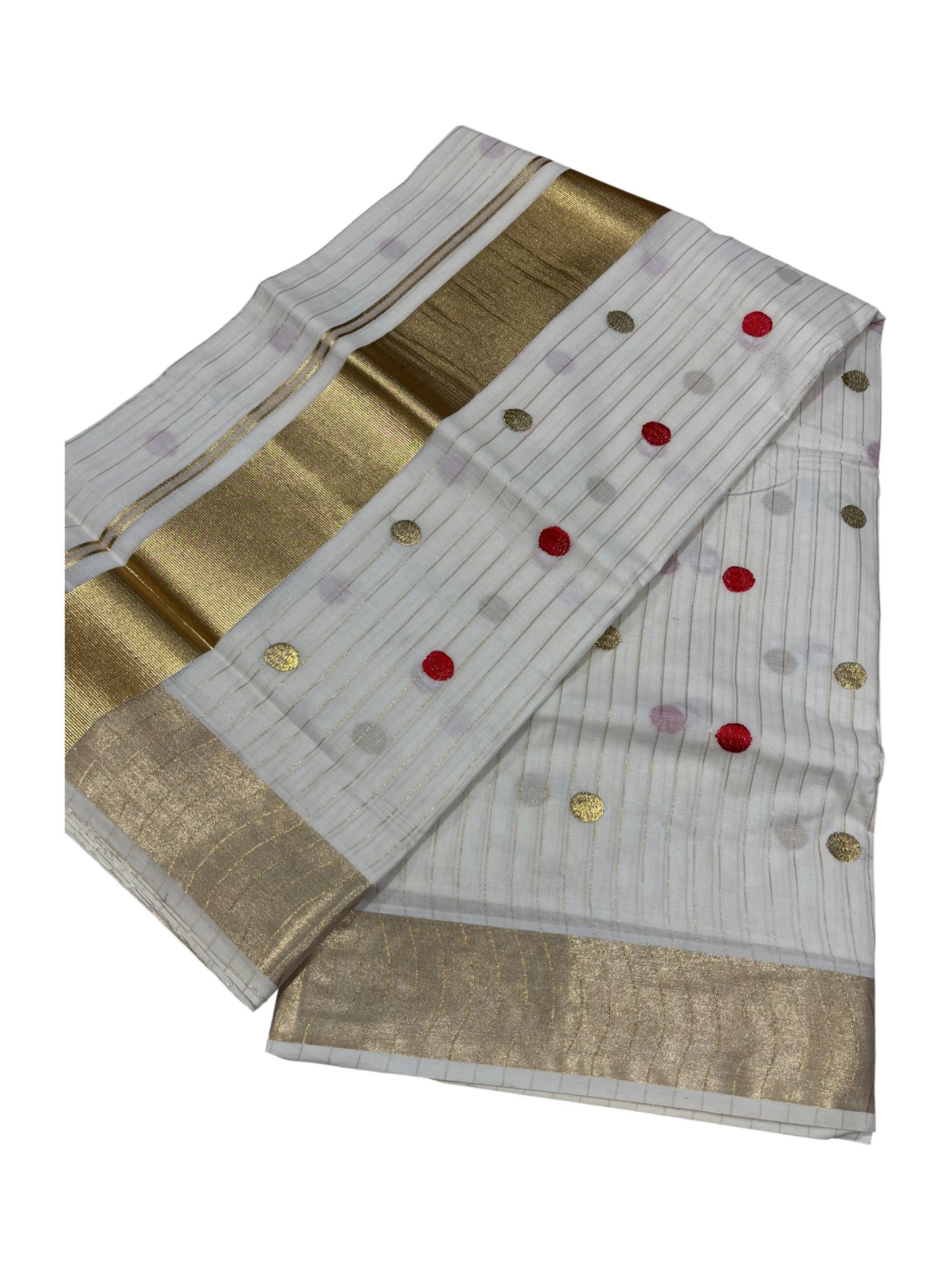Southloom Kerala Pure Cotton Saree with Gold&Red Polka Embroidery Works on Body