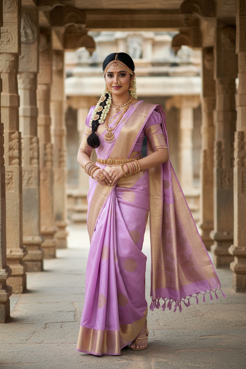Southloom Premium Bridal Handloom Kanchipuram Silk Saree With Korvai Works (Pink)