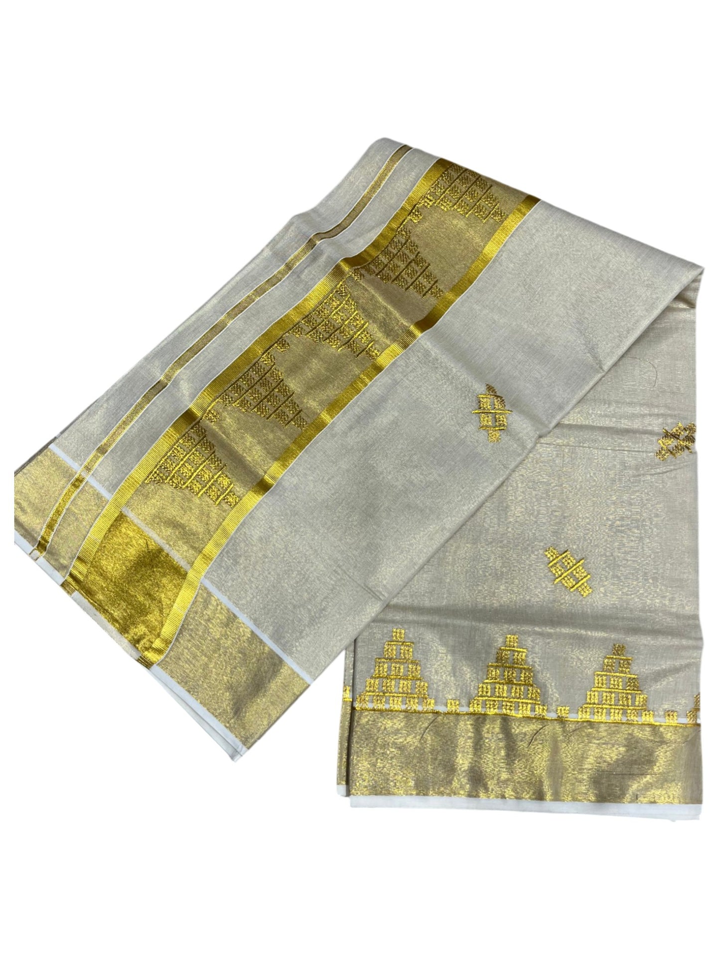 Southloom Tissue Kerala Kasavu Saree with Temple Embroidery Work on Body and Borders