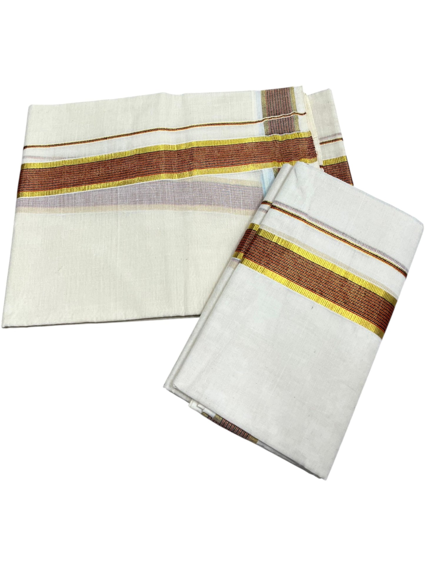 Kerala Cotton Set Mundu (Mundum Neriyathum) with Kasavu and Black & Orange Lines Border 2.80 Mtrs SLKK SL470