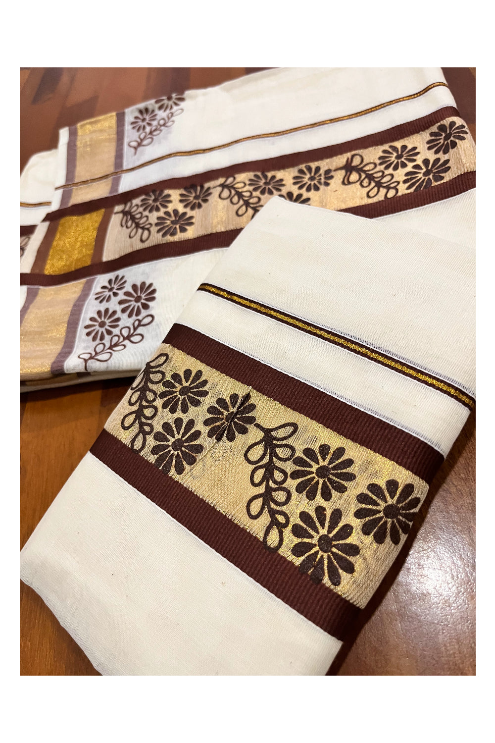 Kerala Pure Cotton Set Mundu Single (Mundum Neriyathum) with Brown Floral Block Prints on Border