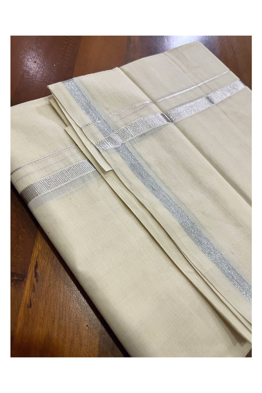 Off White Kerala Cotton Double Mundu with 0.5 inch Silver Kasavu Border (South Indian Kerala Dhoti)