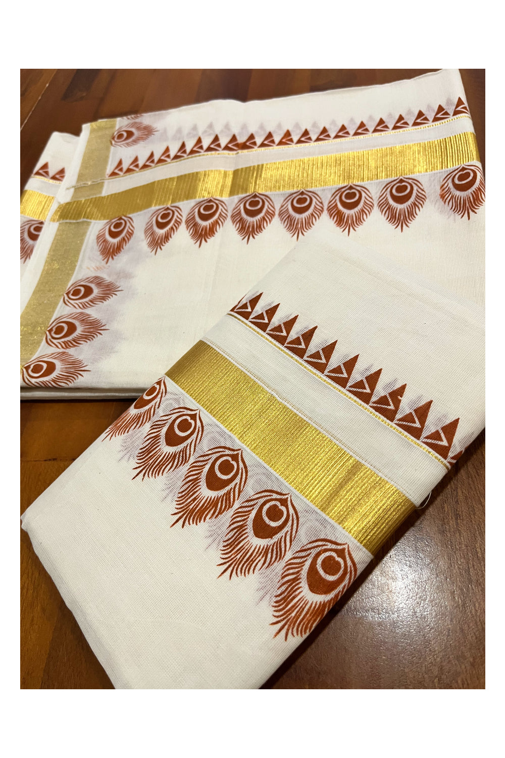 Kerala Pure Cotton Kasavu Set Mundu Single (Mundum Neriyathum) with Brown Block Prints and Temple Border 2.80 Mtrs