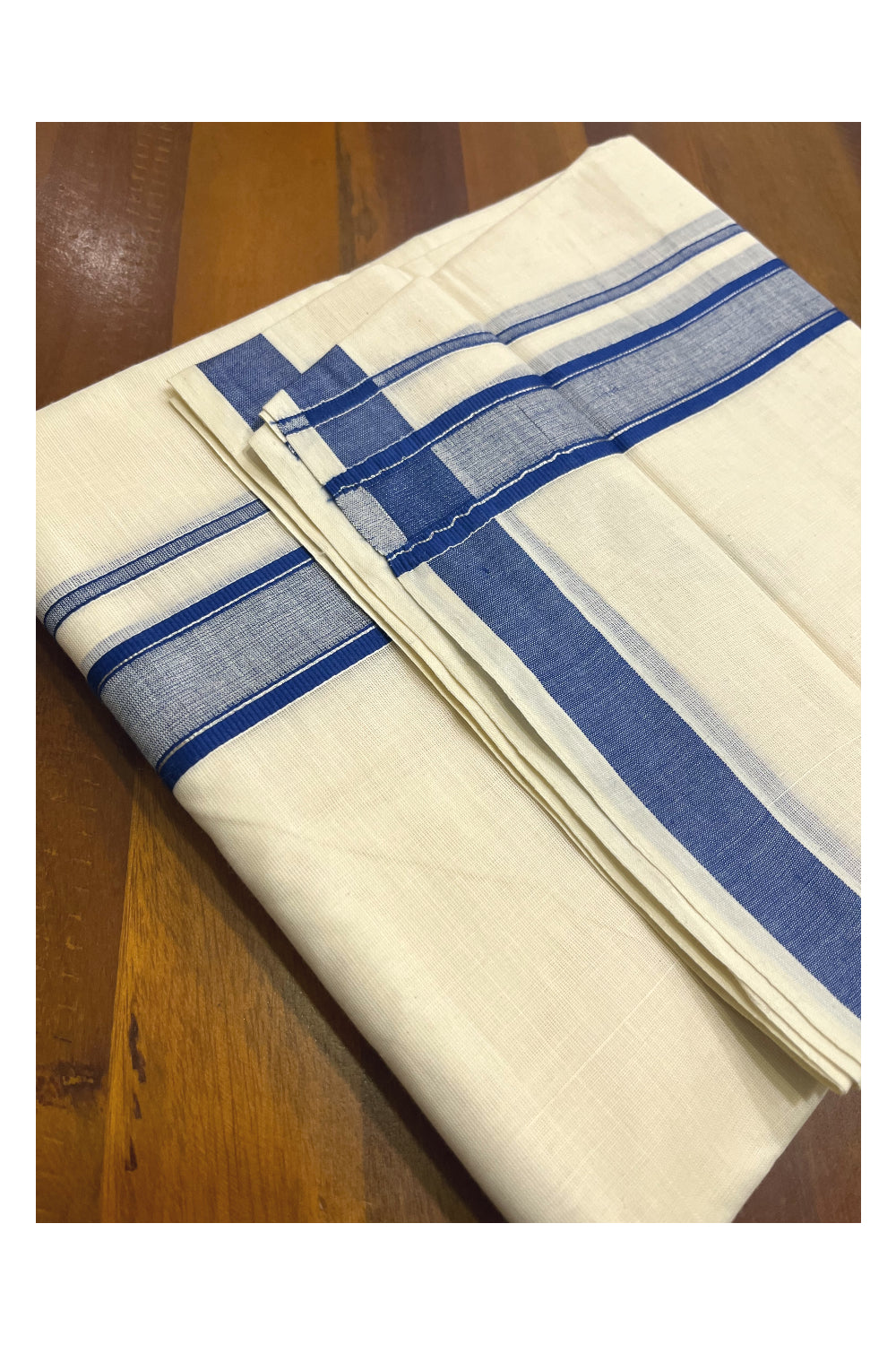 Kerala Pure Cotton Double Mundu with Blue and Silver Kasavu Line Border (South Indian Kerala Dhoti)