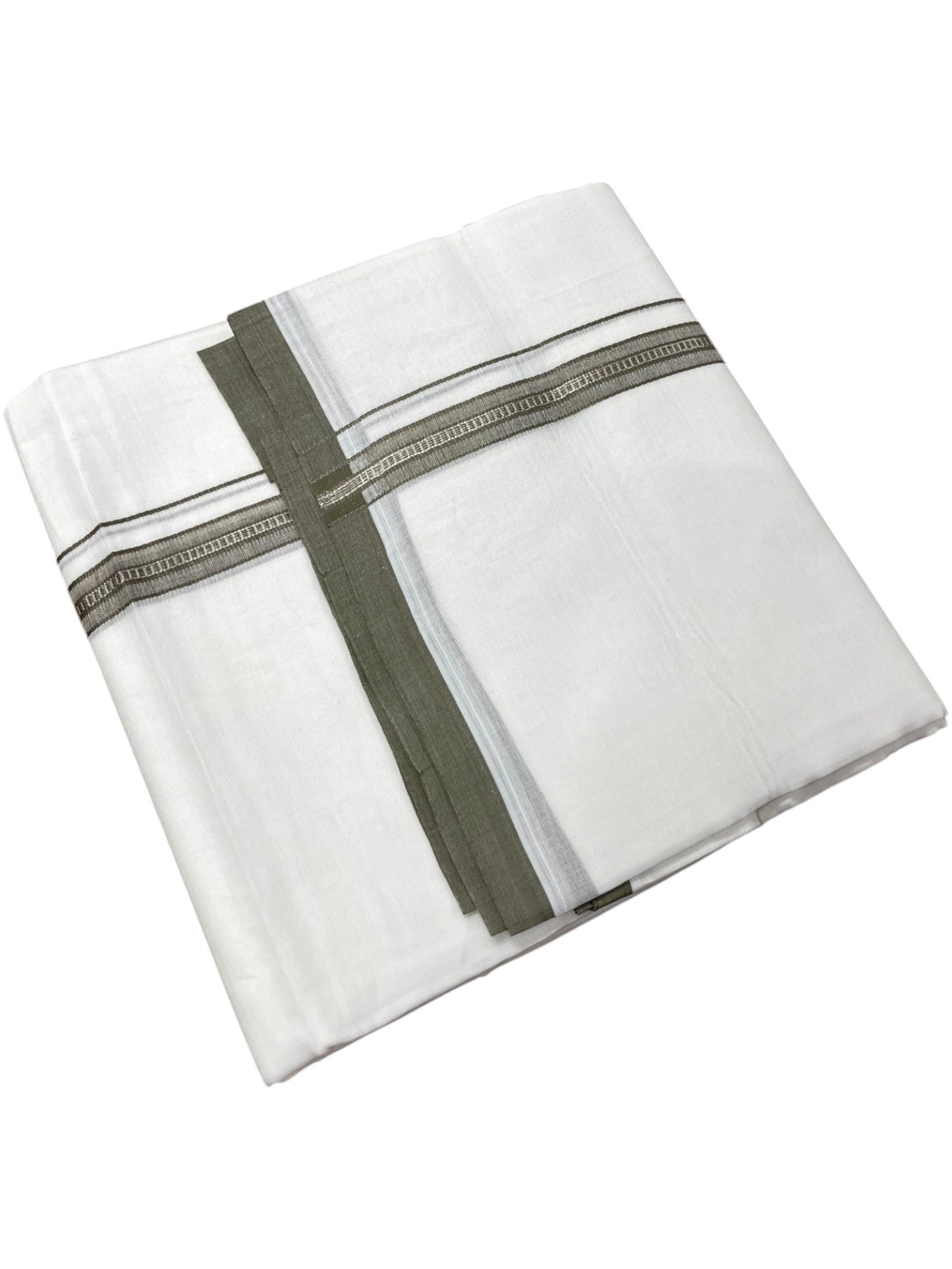 Southloom Pure White Cotton Mundu with Olive Green & Silver Line Border (South Indian Kerala Dhoti)