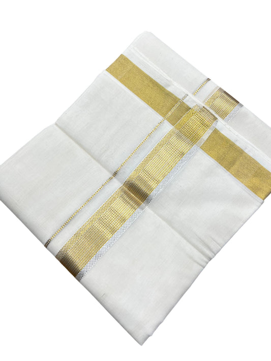 Southloom Premium Handloom Cotton Double Mundu with Gold and Silver Kasavu Border