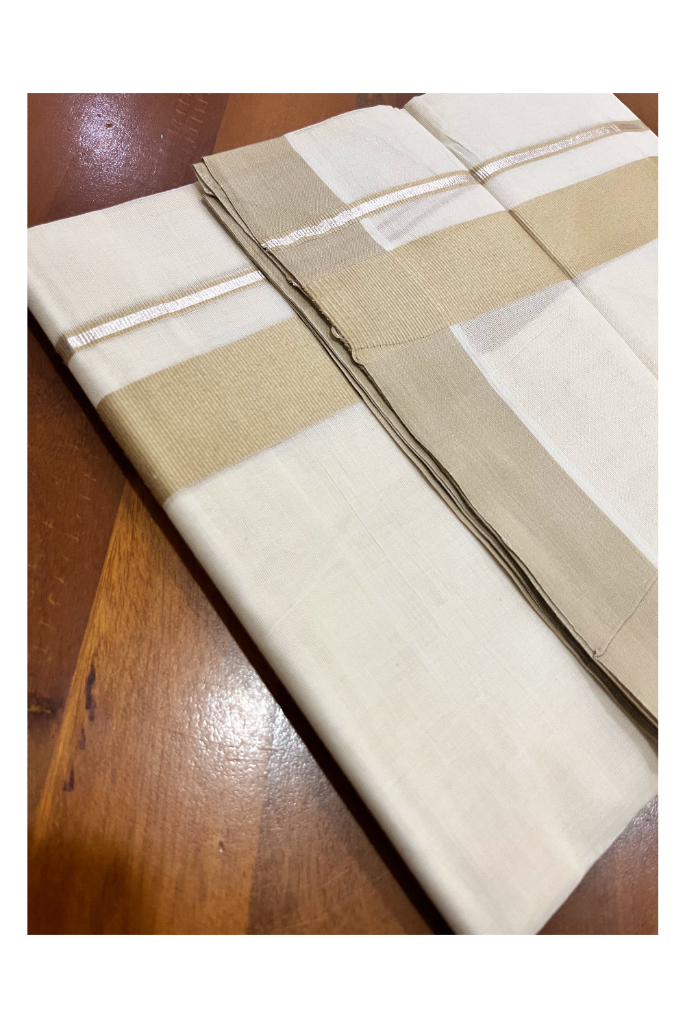 Pure Cotton Double Mundu with Silver Kasavu and Light Brown Border (South Indian Kerala Dhoti)