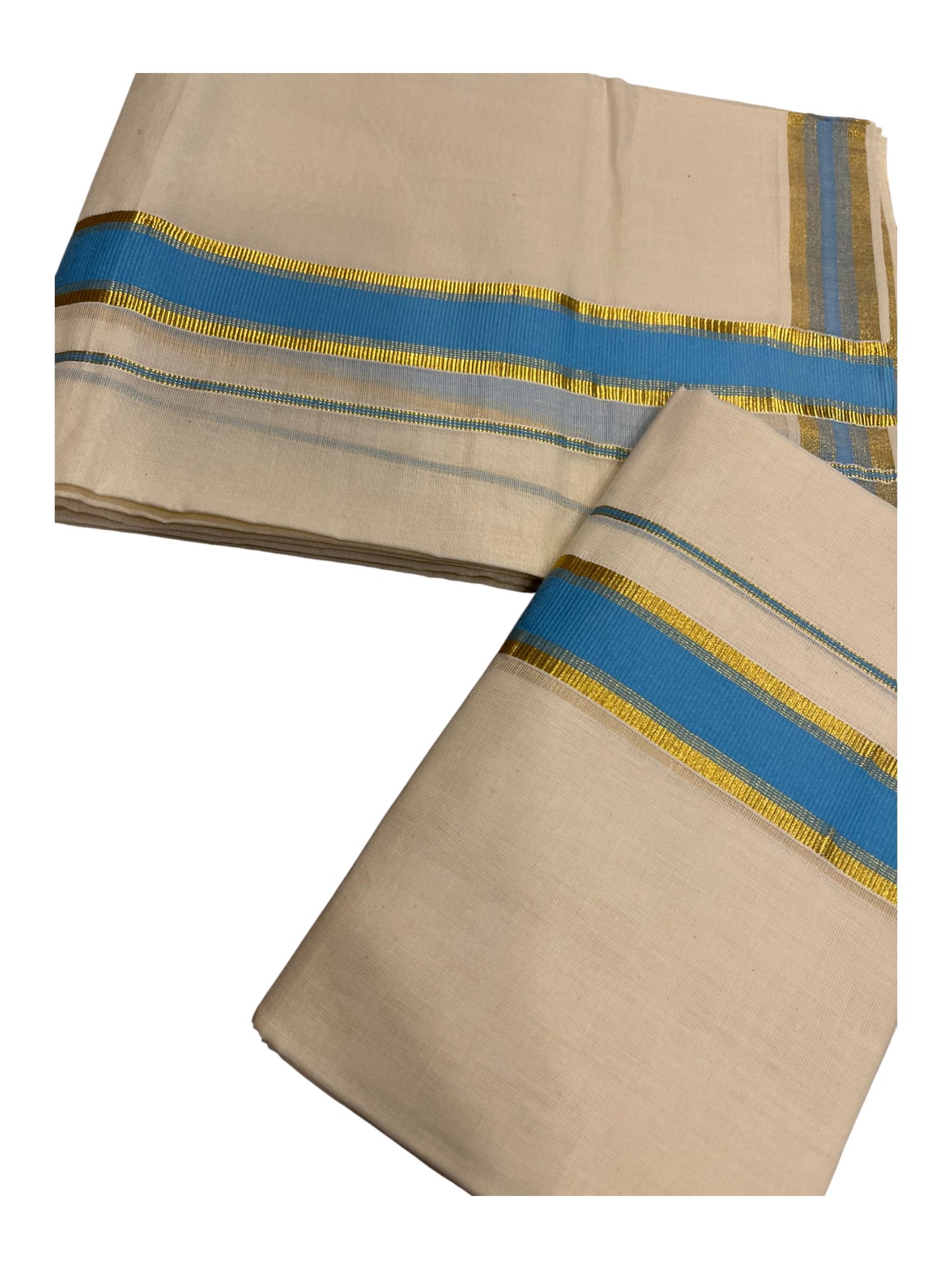 Kerala Cotton Set Mundu (Mundum Neriyathum) with Kasavu and Blue Border