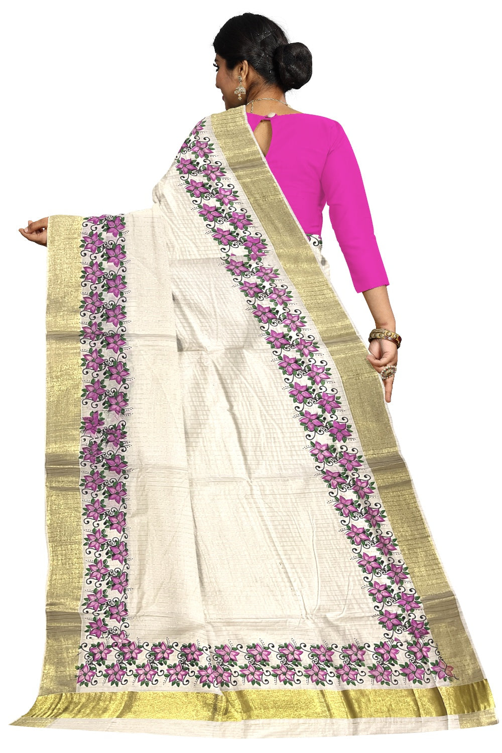 Southloom Onam 2023 Special Magenta Floral Printed Lines Kasavu Saree