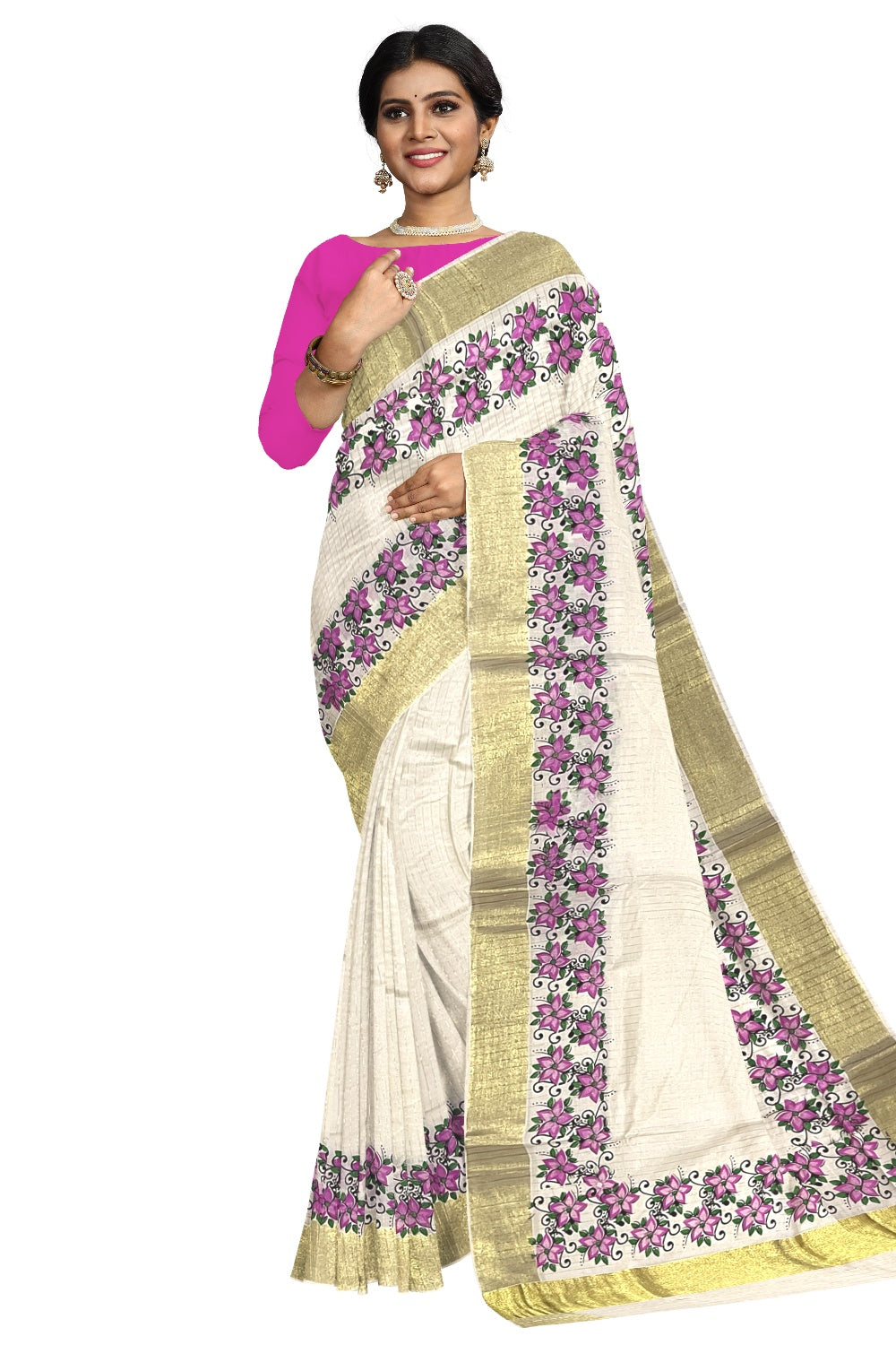 Southloom Onam 2023 Special Magenta Floral Printed Lines Kasavu Saree