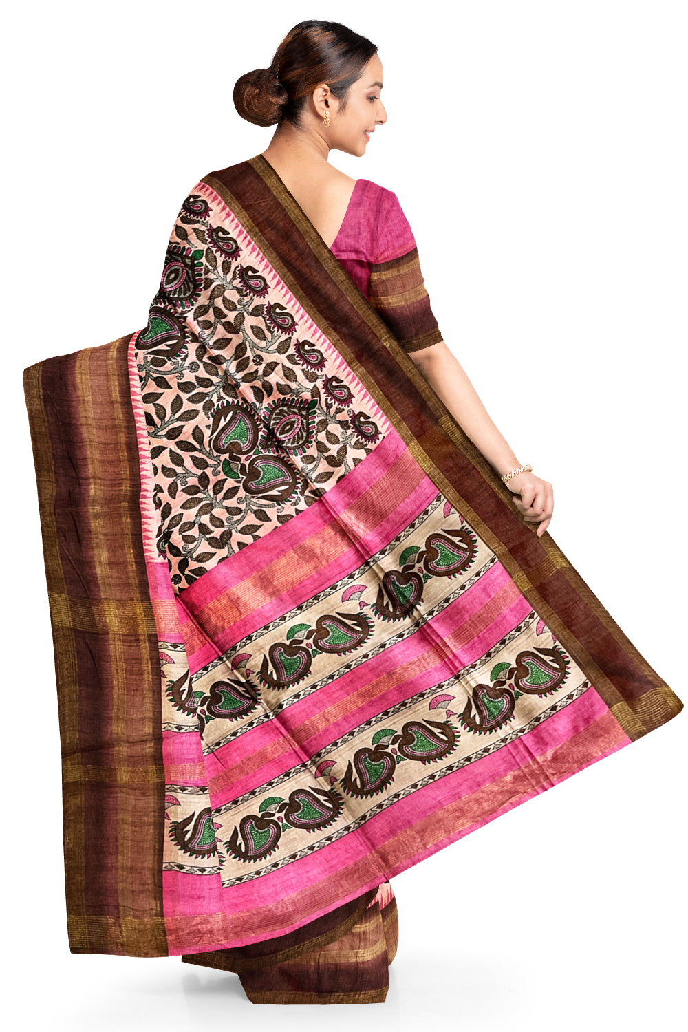 Southloom Semi Tussar Pink and Brown Designer Saree with Floral Woven Works