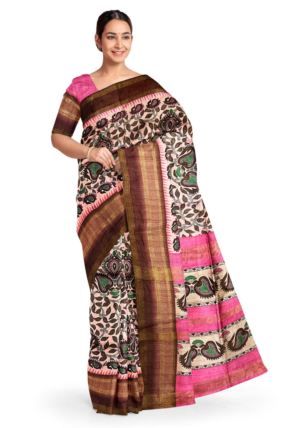 Southloom Semi Tussar Pink and Brown Designer Saree with Floral Woven Works