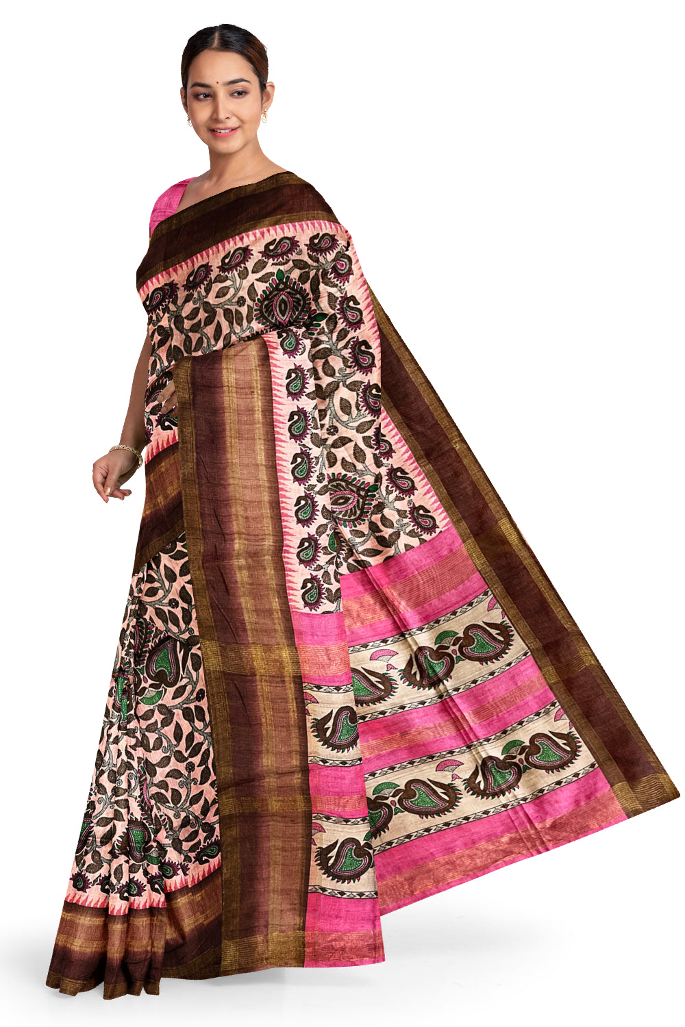 Southloom Semi Tussar Pink and Brown Designer Saree with Floral Woven Works