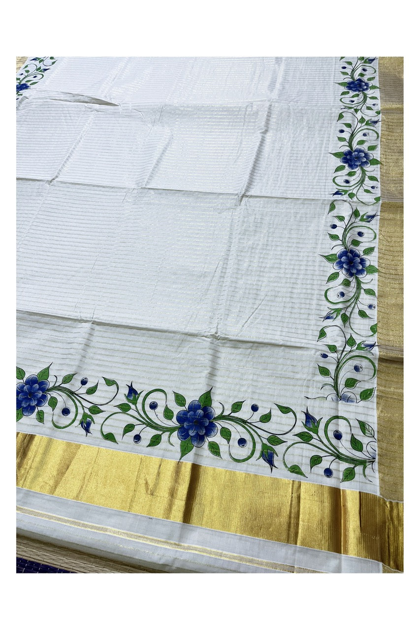 Pure Cotton Kerala Kasavu Lines Design and Blue Floral Block Printed Saree