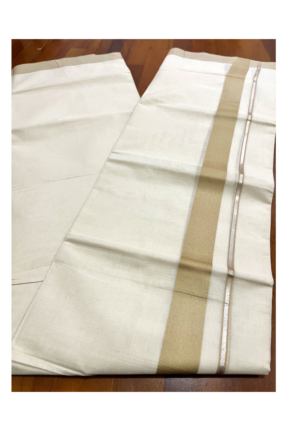 Pure Cotton Double Mundu with Silver Kasavu and Light Brown Border (South Indian Kerala Dhoti)