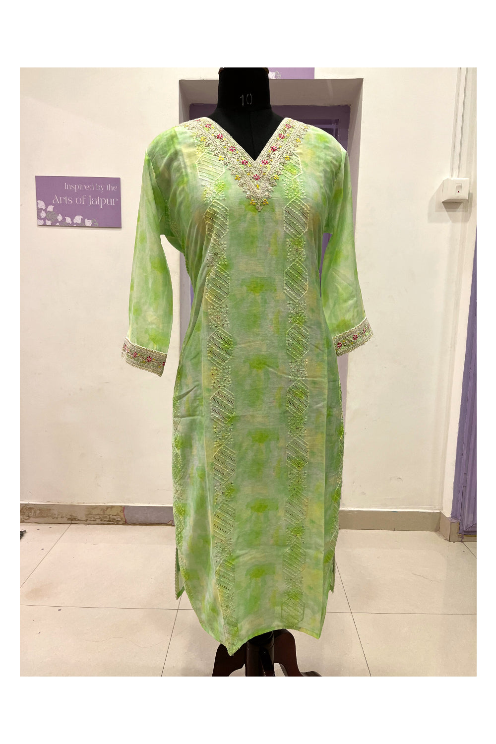 Southloom Stitched Semi Silk Salwar Set in Light Green Thread Works