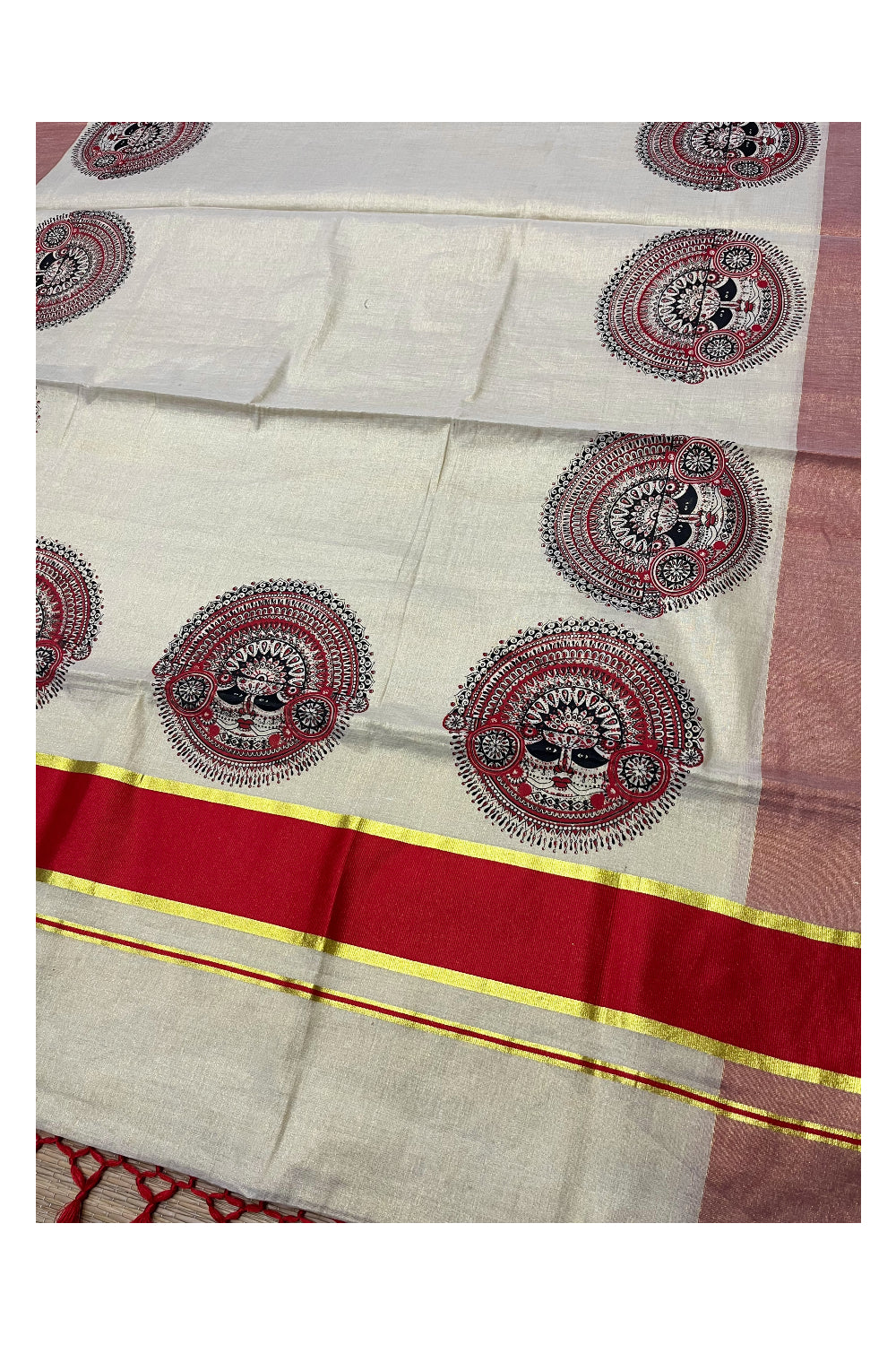 Kerala Tissue Kasavu Saree with Theyyam Mural Printed Designs and Red Border