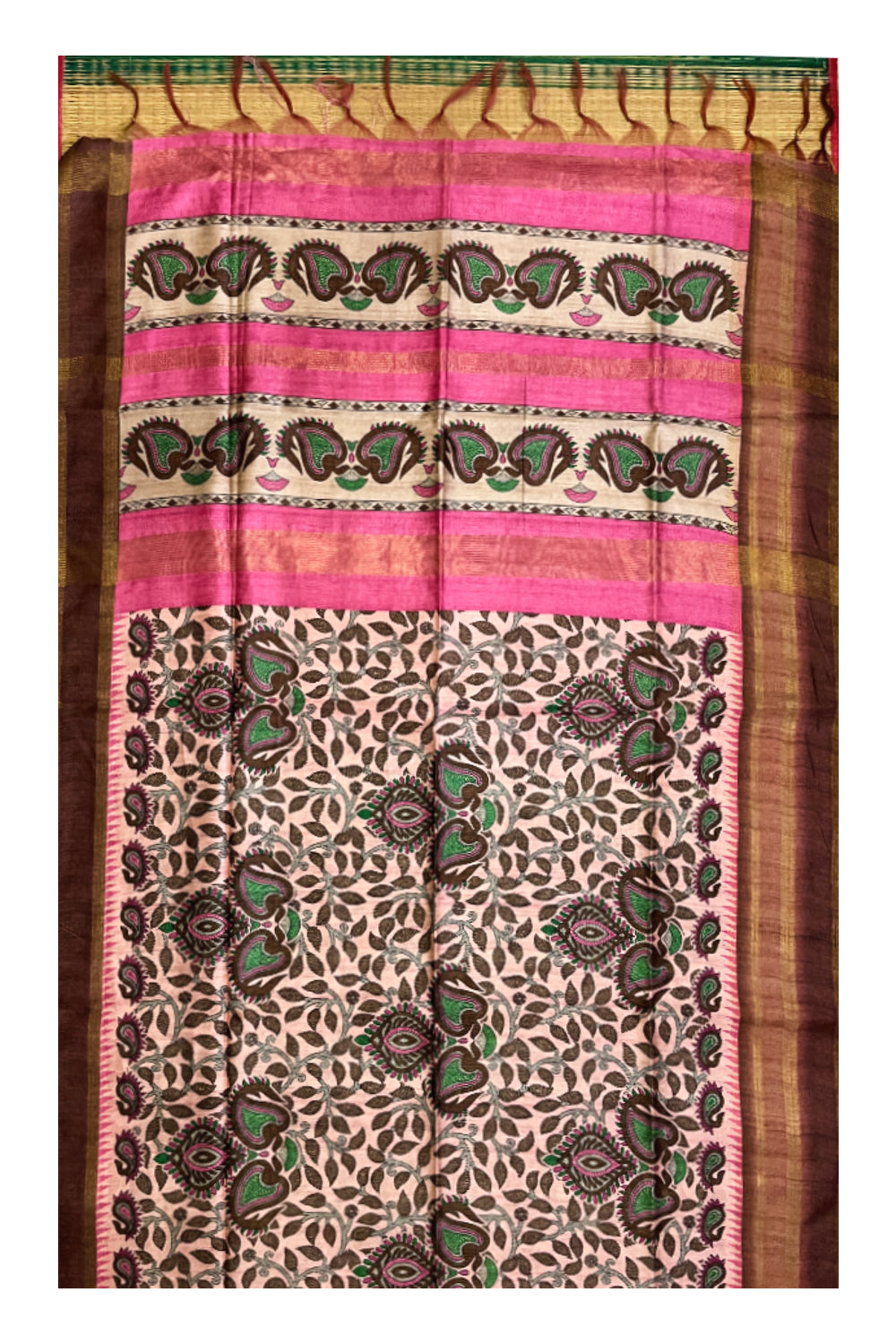 Southloom Semi Tussar Pink and Brown Designer Saree with Floral Woven Works