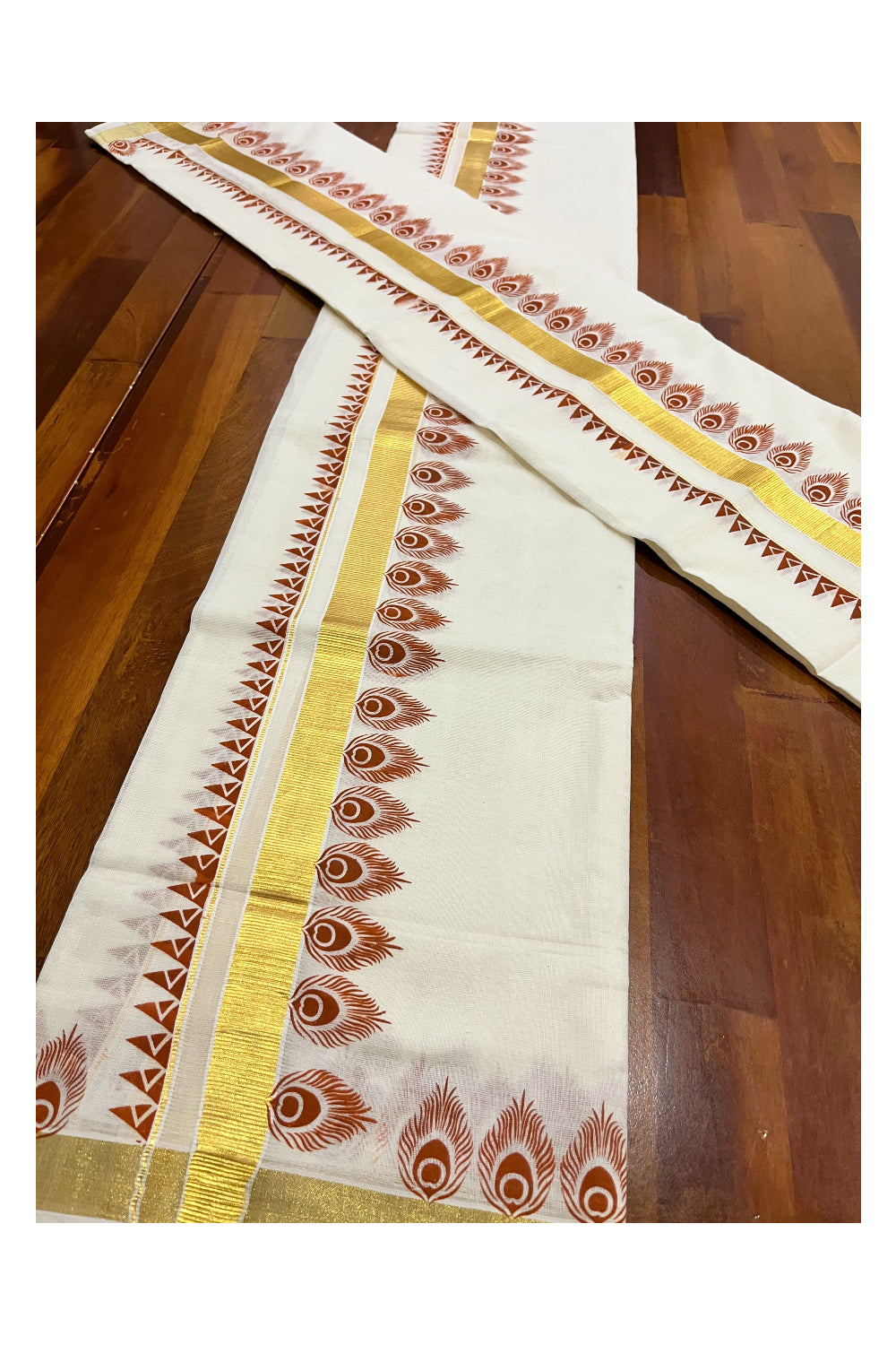 Kerala Pure Cotton Kasavu Set Mundu Single (Mundum Neriyathum) with Brown Block Prints and Temple Border 2.80 Mtrs