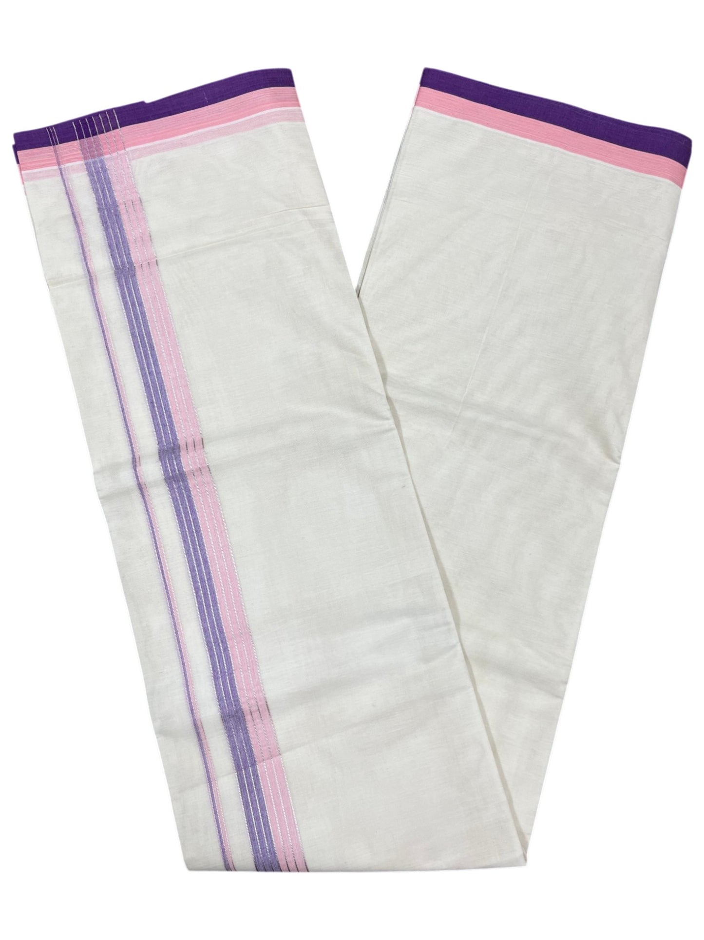 Southloom Kerala Pure Cotton Double Mundu with Pink and Violet Border with (South Indian Dhoti)