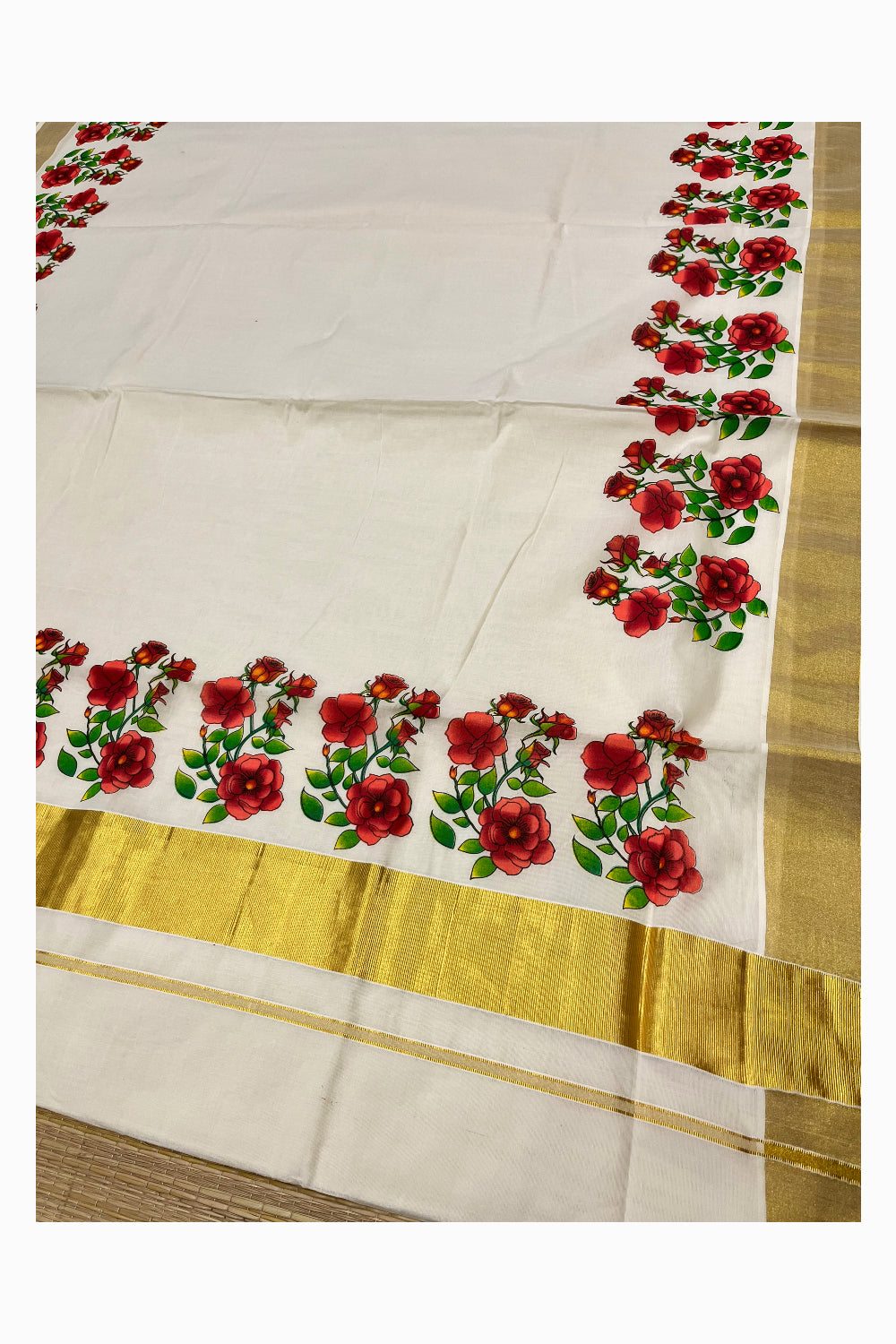 Pure Cotton Kerala Kasavu Saree with Peach Floral Block Prints with Kasavu Border (Vishu 2024 Collection)