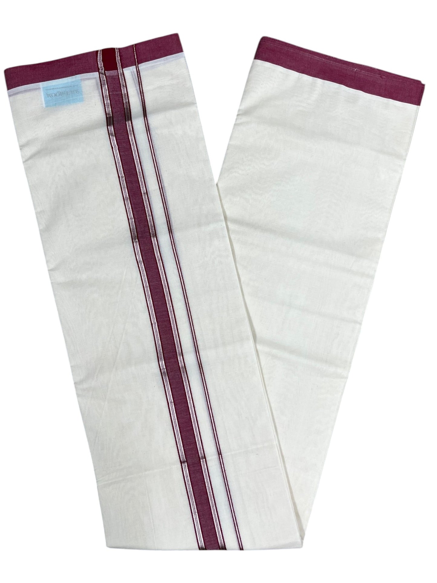 Southloom Pure Cotton Mundu with Silver Lines and Maroon Border (South Indian Kerala Dhoti)