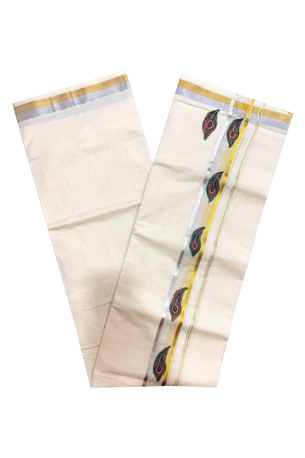 Pure Cotton Golden and Silver Kasavu Mundu with Feather Mural Painted Design (Onam Mundu 2023)