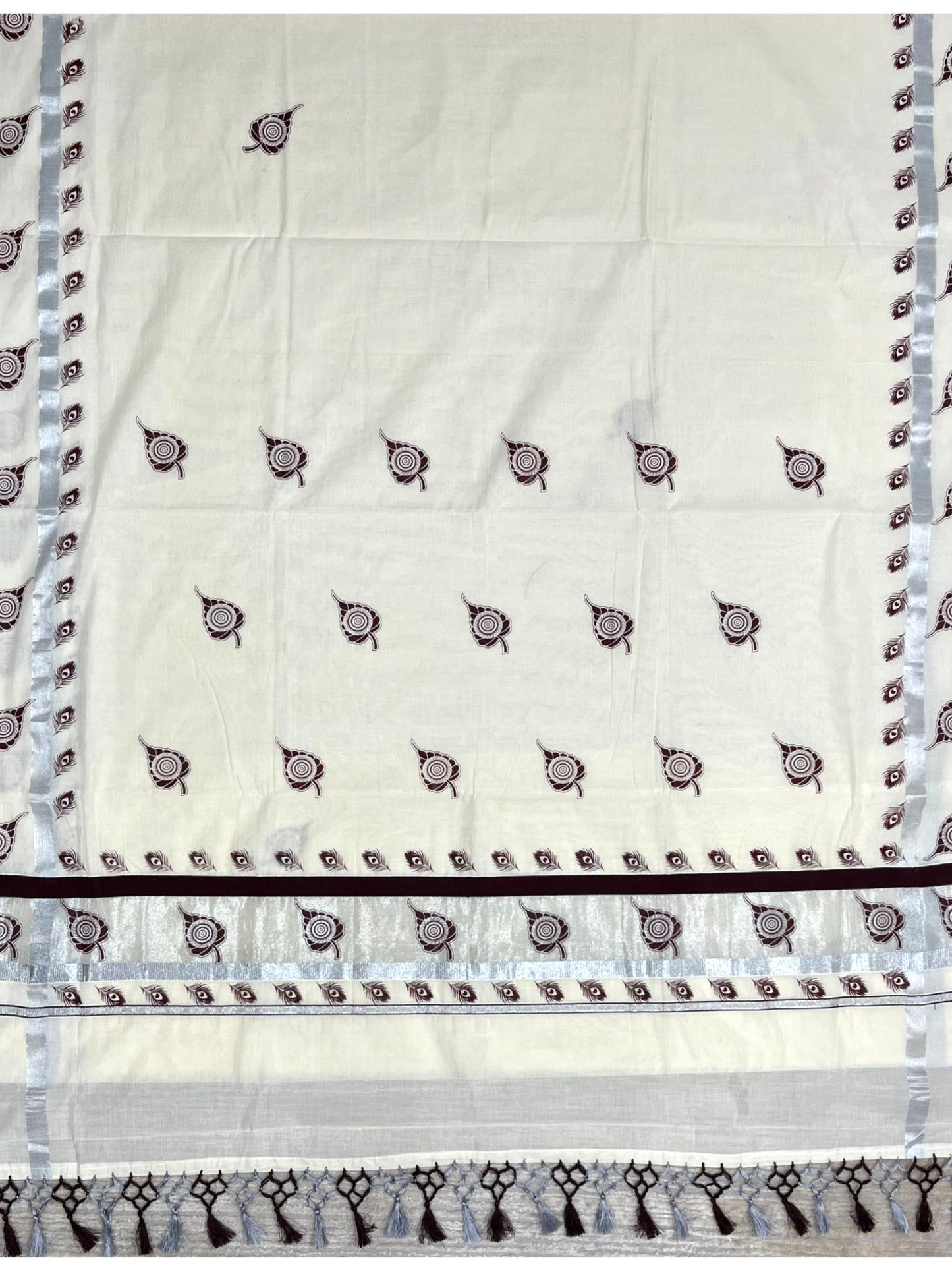 Southloom Kerala Cotton Silver Kasavu Saree with Peacock Feather and Leaf Printed Designs