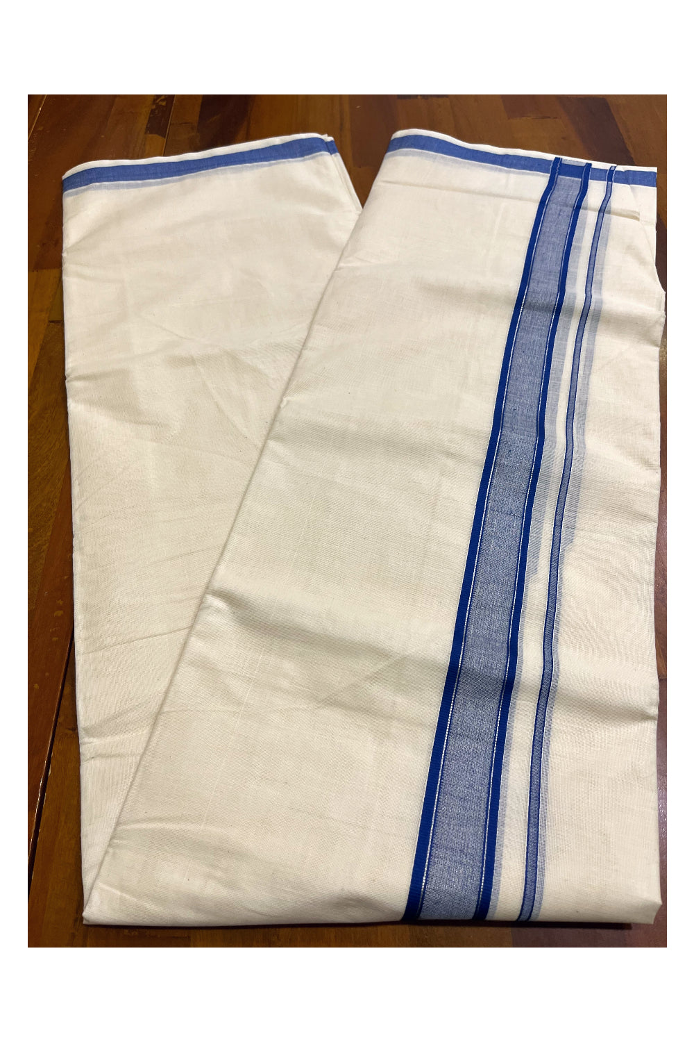 Kerala Pure Cotton Double Mundu with Blue and Silver Kasavu Line Border (South Indian Kerala Dhoti)