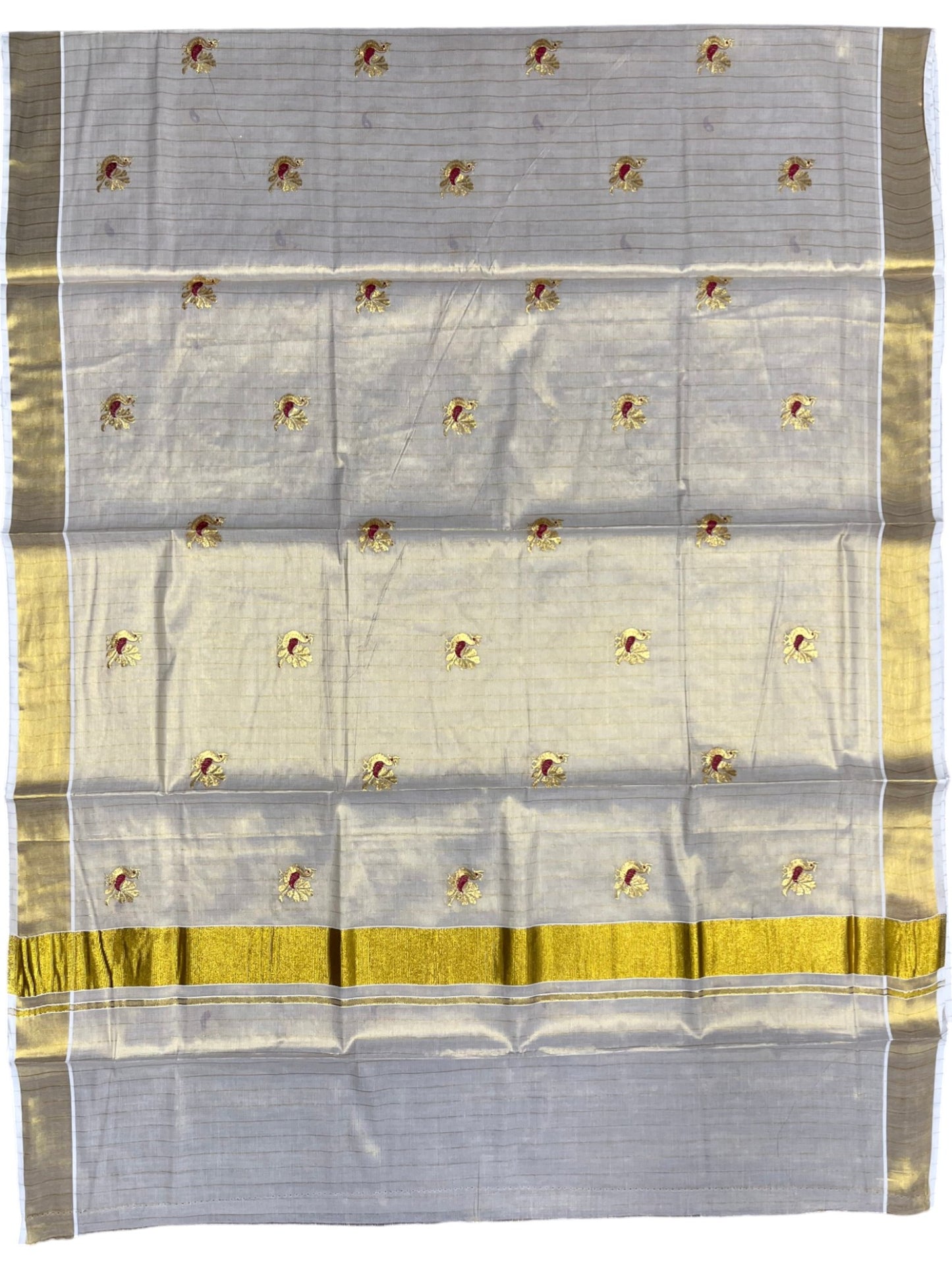 Southloom Tissue Kerala Kasavu Lines Saree with Peacock Embroidery Work on Body in Maroon