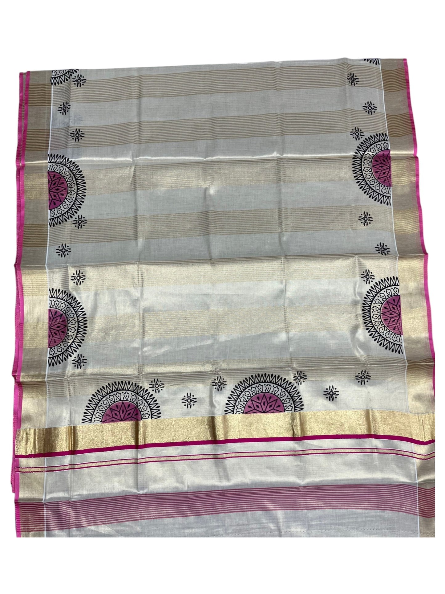 Southloom Tissue Kerala Kasavu Saree with Block Print on Body and Borders in Pink