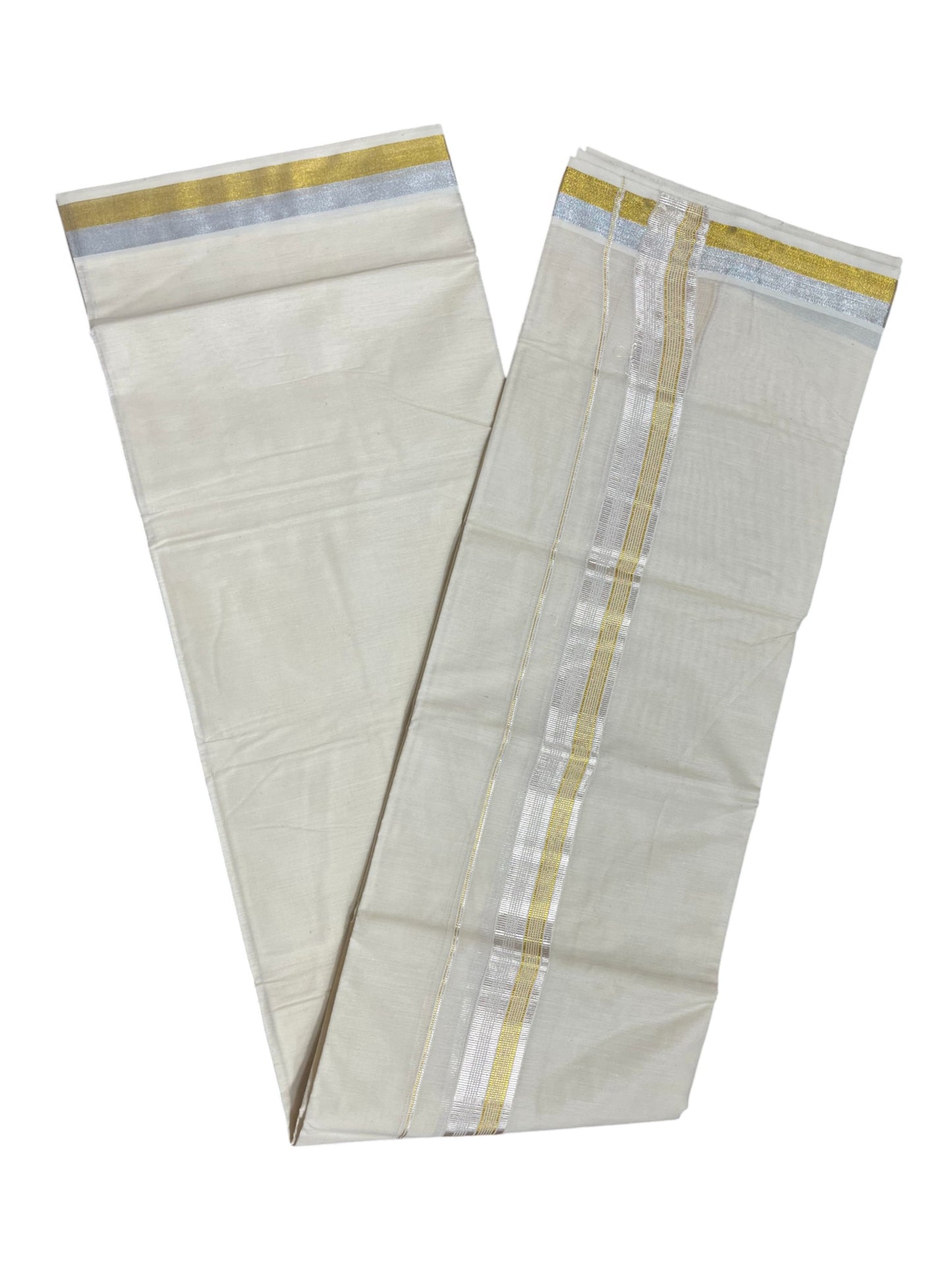 Southloom Kerala Pure Cotton Double Mundu with Silver and Gold Border (South Indian Dhoti)