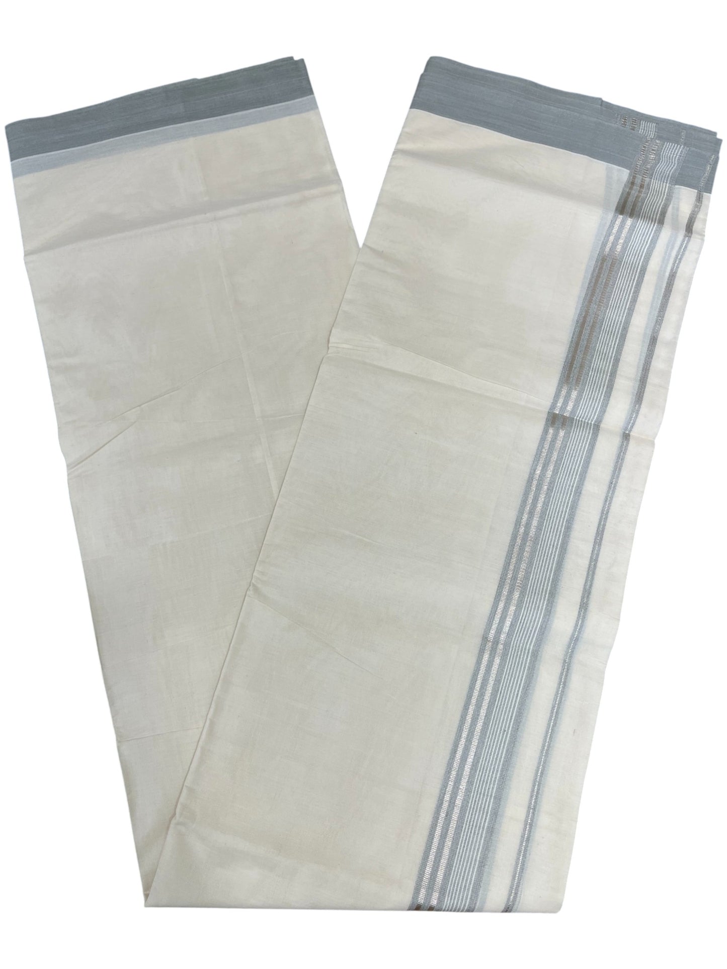 Southloom Kerala Pure Cotton Double Mundu with Grey Colour And Silver Lines Border (South Indian Dhoti)