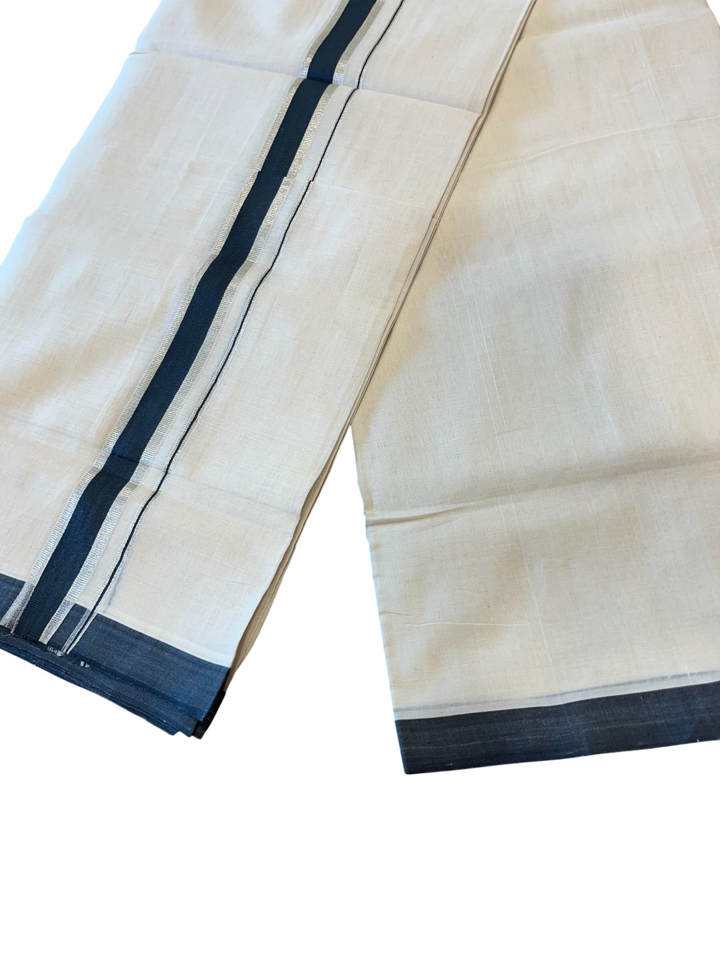 Southloom Premium Handloom Cotton Double Mundu with Silver and Grey Border