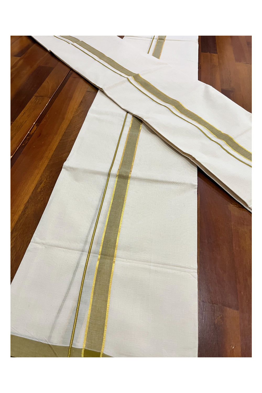 Kerala Pure Cotton Set Mundu Single (Mundum Neriyathum) with Olive Brown and Kasavu Border