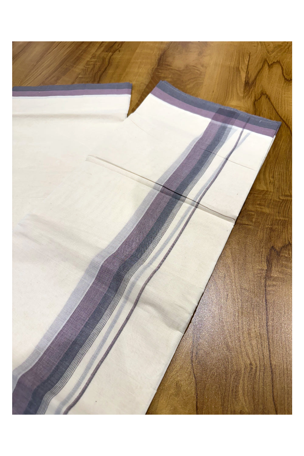 Kerala Pure Cotton Double Mundu with Purple Border (South Indian Kerala Dhoti)