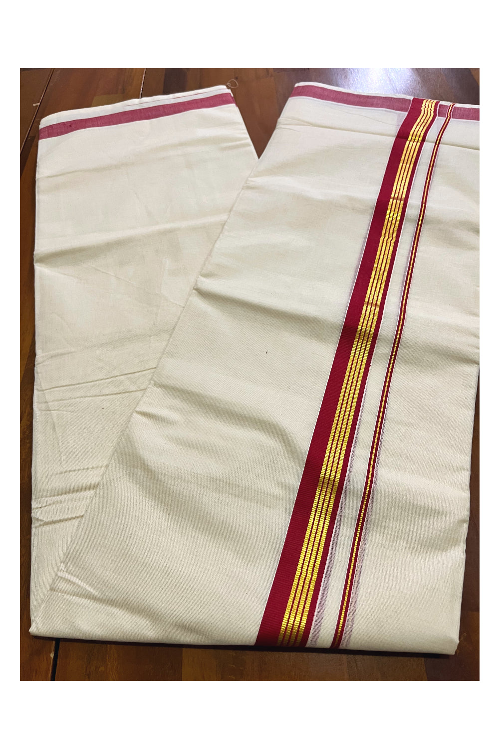 Off White Kerala Cotton Double Mundu with Kasavu and Red Border (South Indian Kerala Dhoti)