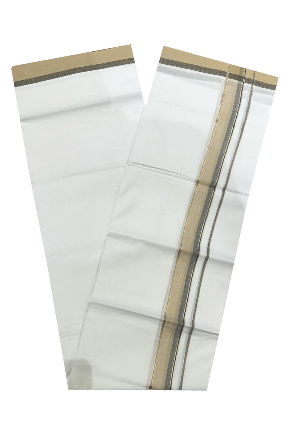 Pure White Cotton Double Mundu with Light Brown and Silver Kasavu Border (South Indian Kerala Dhoti)