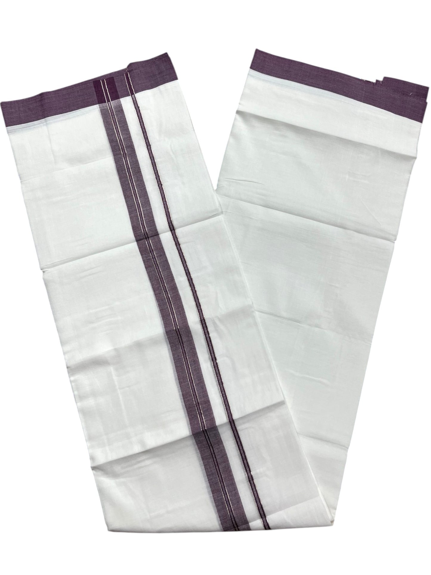 Southloom Pure White Cotton Mundu with Purple & Silver Line Border (South Indian Kerala Dhoti)
