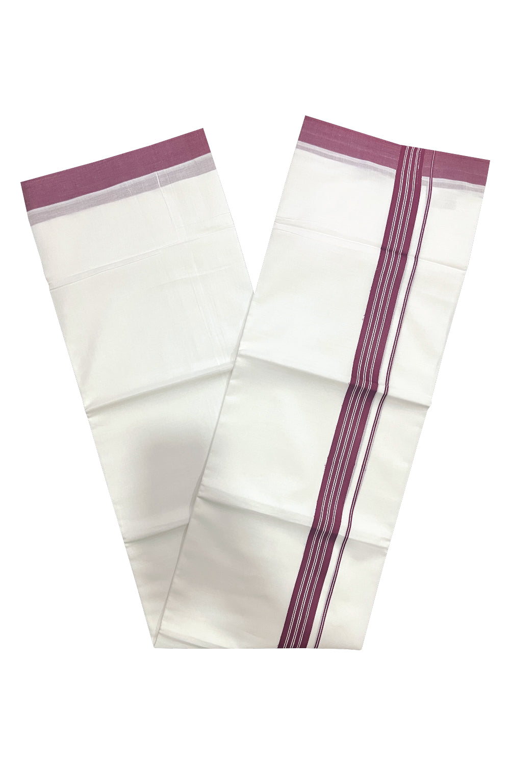 Pure White Cotton Double Mundu with Maroon Lines Border (South Indian Kerala Dhoti)