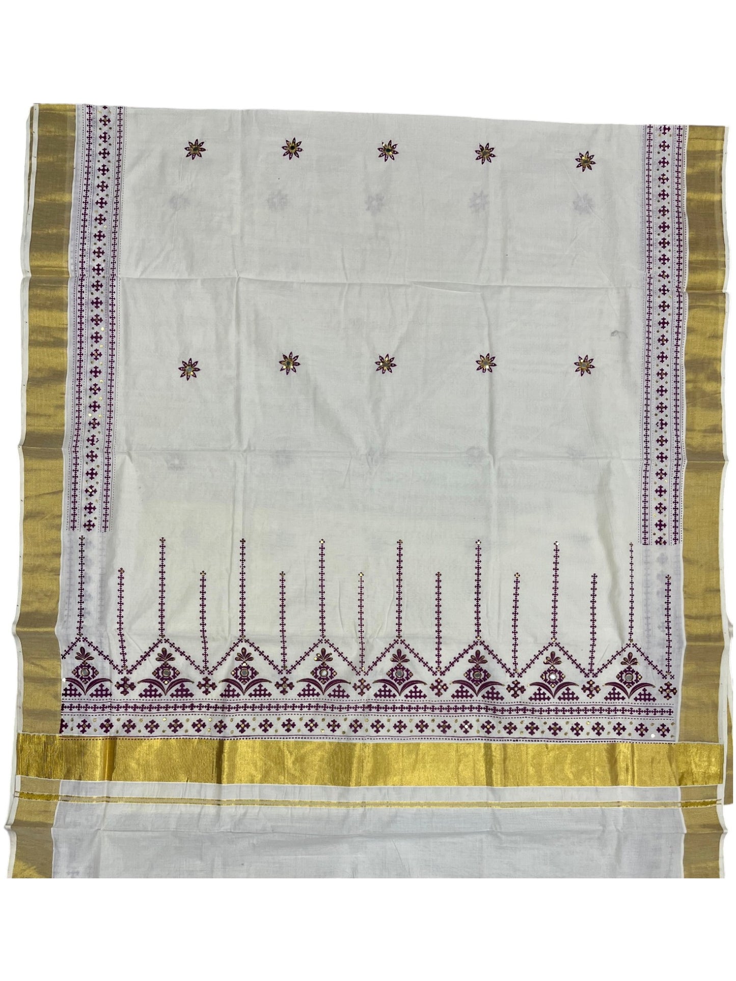 Southloom Pure Cotton Kerala Kasavu Saree with Maroon Embroidery Designs