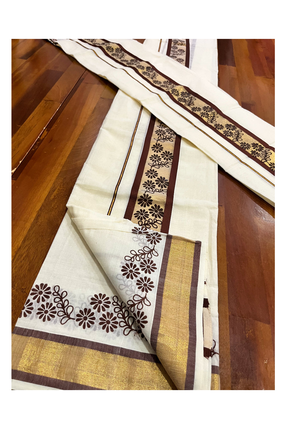 Kerala Pure Cotton Set Mundu Single (Mundum Neriyathum) with Brown Floral Block Prints on Border