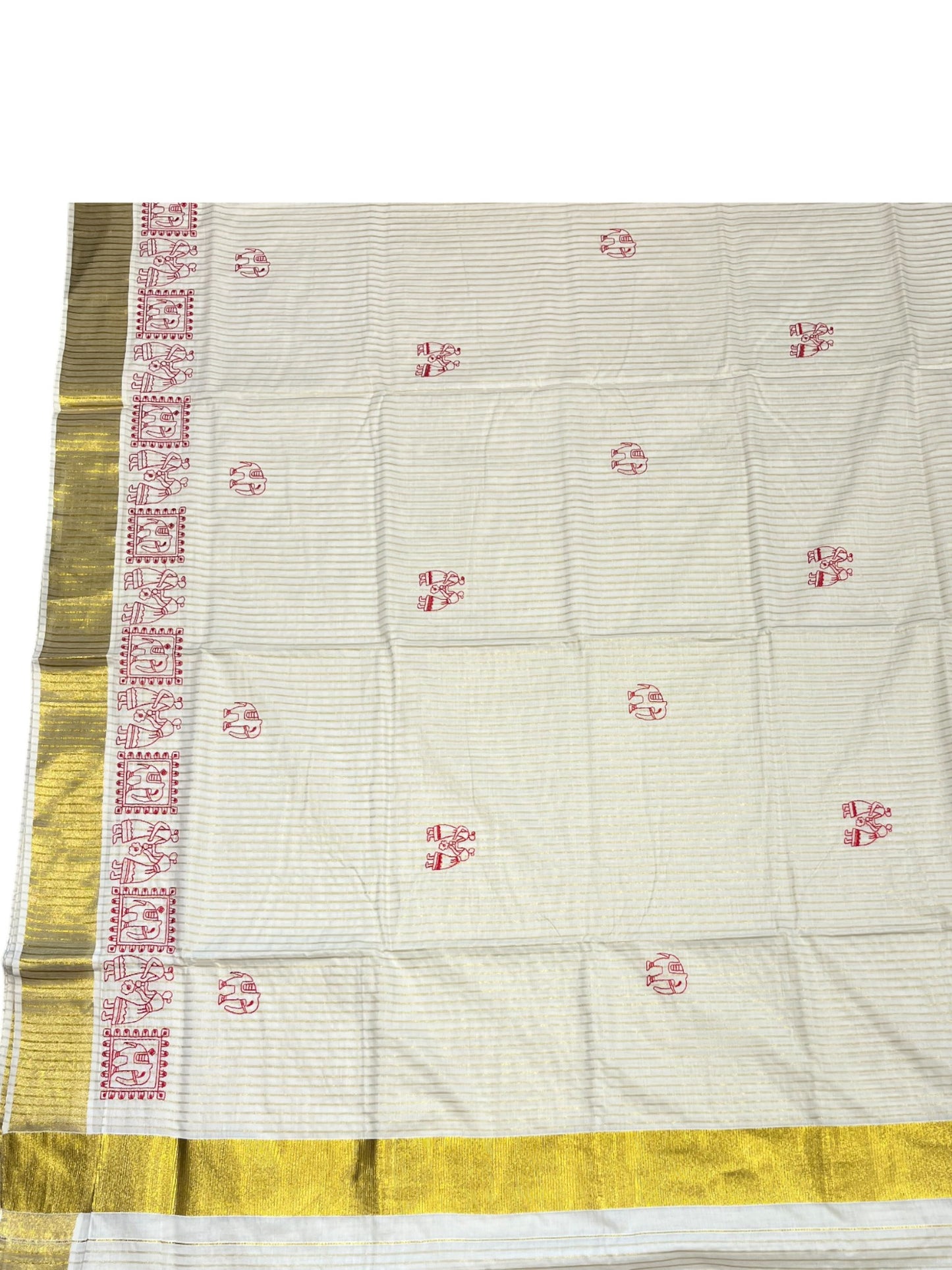 Kerala Cotton  Kasavu Saree With Mural Festival Parasol Stripes and Red Elephant Design And Embroidery Work