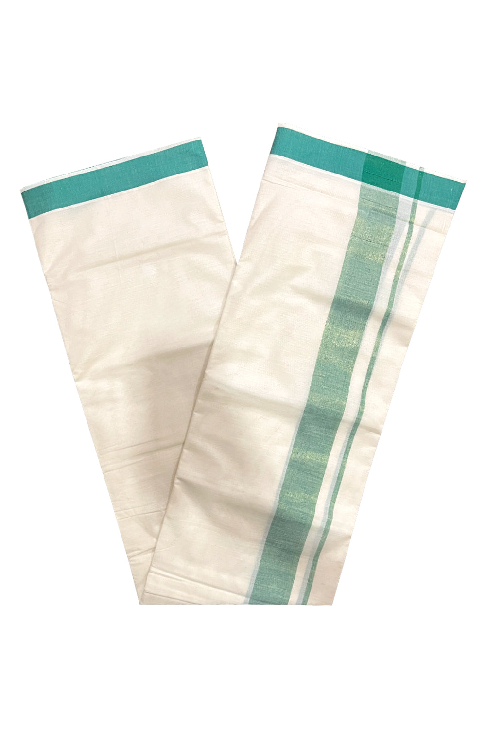 Pure Cotton Kerala Double Mundu with Green Kasavu Kara (South Indian Kerala Dhoti)