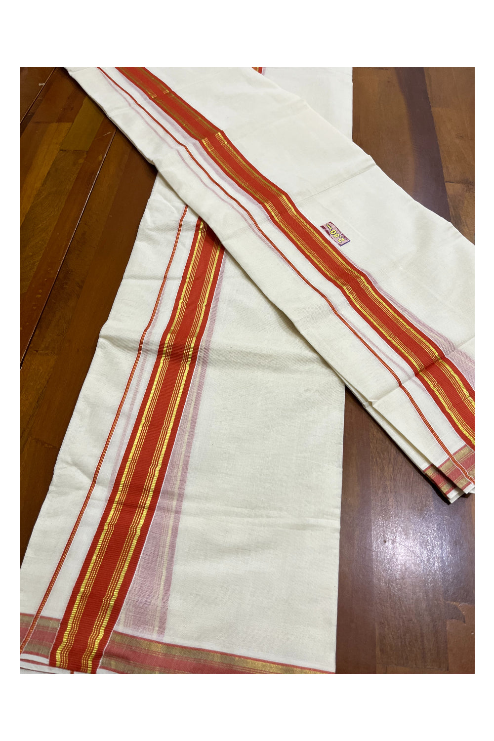 Kerala Cotton Set Mundu (Mundum Neriyathum) with Orange and Kasavu Border 2.80 Mtrs