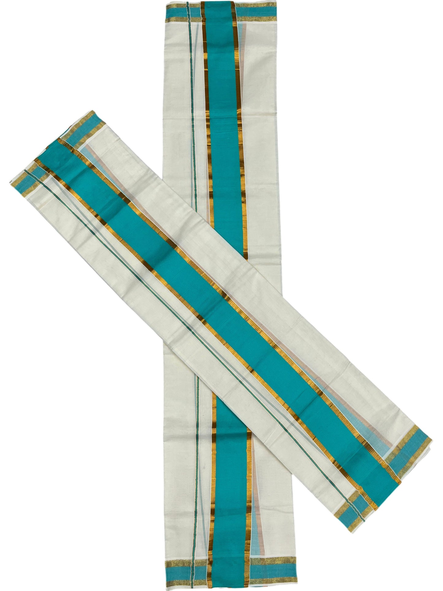 Southloom Kerala Cotton Single Set Mundu (Mundum Neriyathum) with Kasavu and Turquoise Border 2.80Mtrs