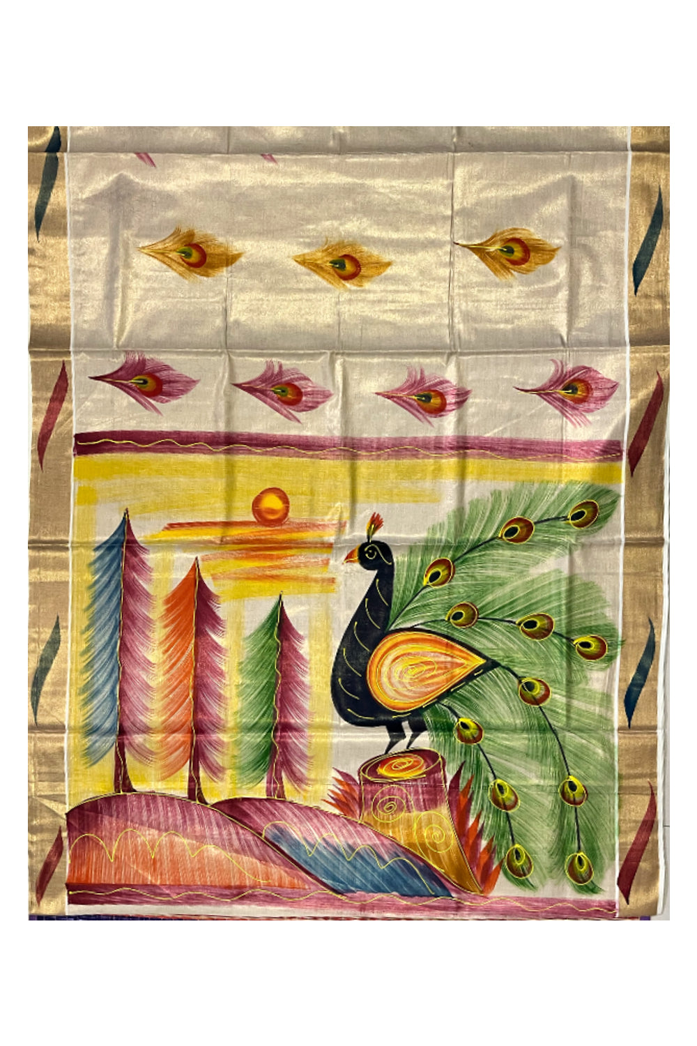 Kerala Tissue Kasavu Saree with Hand Painted Peacock Design